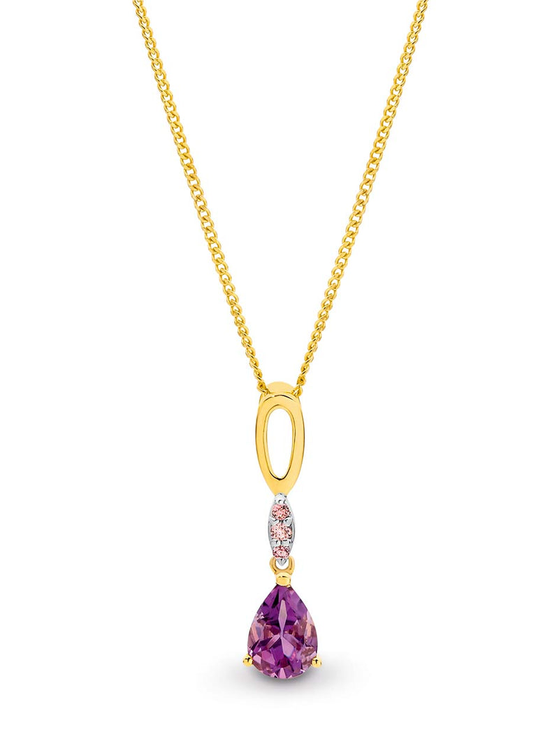 9K Yellow Gold Amethyst & Pink Tourmaline Pendant with GP Display Chain