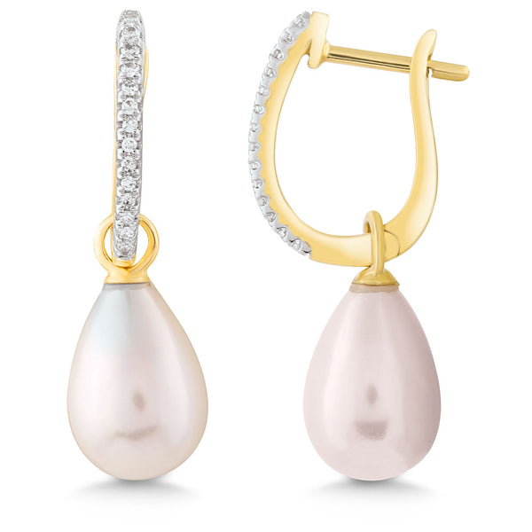 9K YELLOW GOLD DIAMOND ACCENTED FRESHWATER PEARL EARRINGS