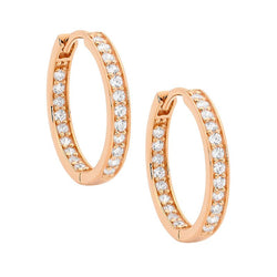 ELLANI STG SILVER WHITE CZ SINGLE ROW INSIDE OUT 18MM HOOP EARRINGS ROSE GOLD PLATED