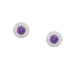 SS ROUND AMETHYST CZ SOL. W/WH CZ CLAW SURROUND EARRINGS
