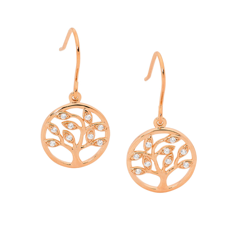 ELLANI STG SILVER WH CZ TREE OF LIFE EARRINGS ON SHP/HOOK W/ ROSE GOLD PLATING