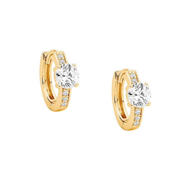 ELLANI STG SILVER WHITE CZ 13MM HOOPS W/5MM WH CZ SOLITAIRE & GOLD PLATING