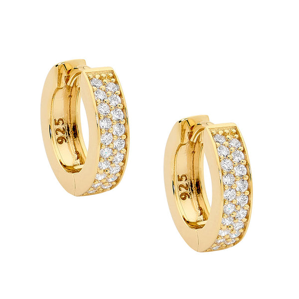 ELLANI STG SILVER WHITE CZ 15MM DOUBLE ROW PAVE HOOP EARRINGS GOLD PLATED