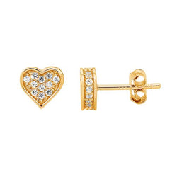 STG SILVER WHITE CZ PAVE FLAT HEART EARRINGS WITH YELLOW GOLD PLATED