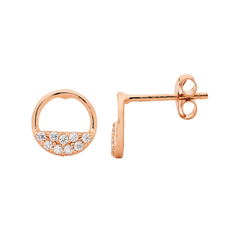 Ellani  Stg Silver 9MM OPEN CIRCLE EARRINGS, 2 ROWS WH CZ W/ ROSE GOLD PLATING