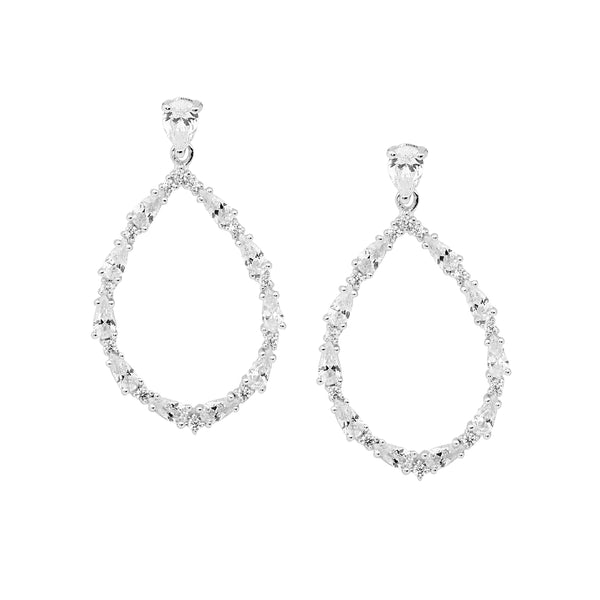 ELLANI STG SILVER OPEN TEAR DROP EARRINGS 38MM WITH PEAR ROUND WHITE CZ