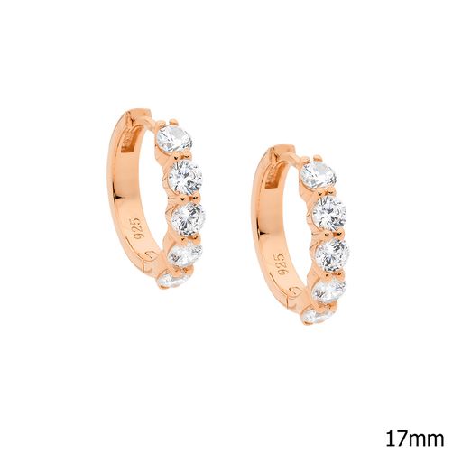 STG SILVER 17MM HOOP EARRINGS, 5*3.5MM WH CZ W/ ROSE GOLD PLATING