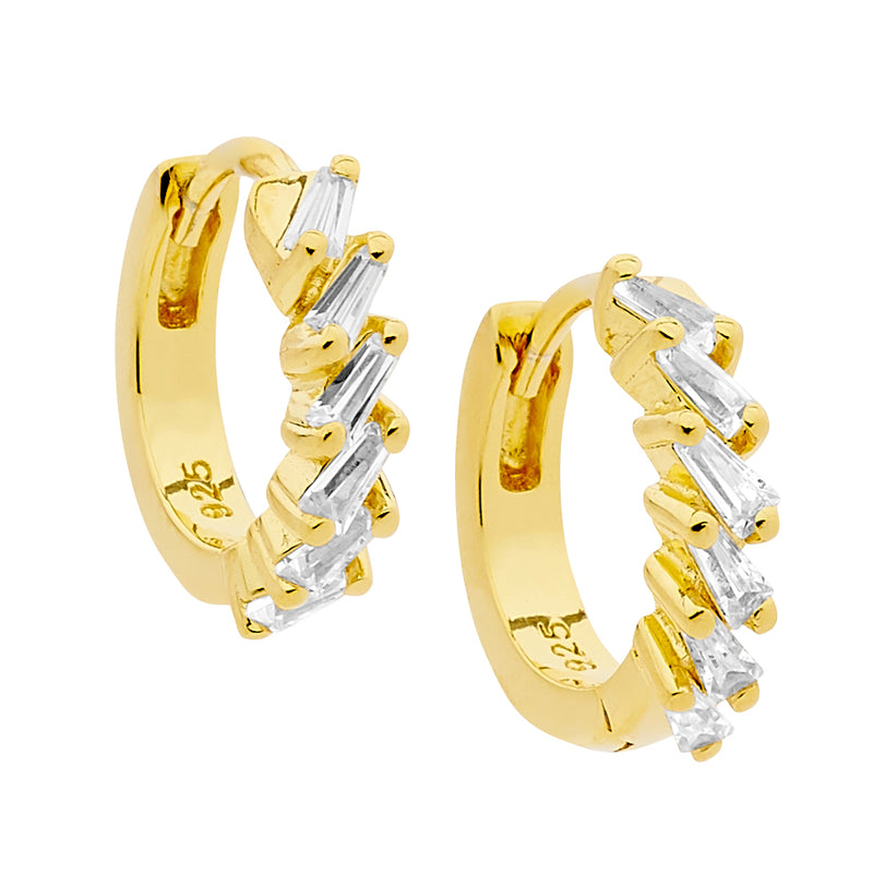 ELLANI STG SILVER WHITE CZ TAPERED BAGUETTE 13MM HOOOP EARRINGS GOLD PLATED