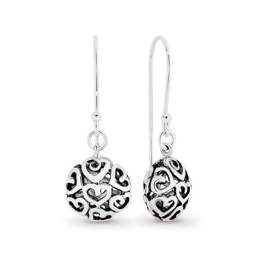 STG 12MM ROUND/ FLAT OXIDESED FILIGREE HEART EARRINGS WITH HOOK