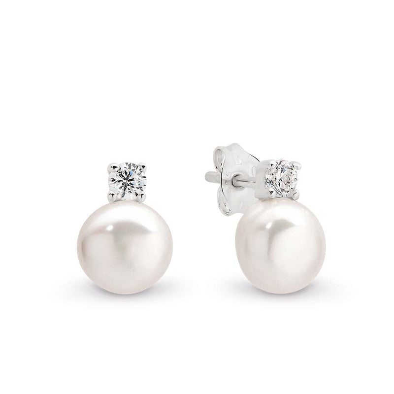 STG SILVER 7MM NATURAL FW PEARL & CZ EARRINGS
