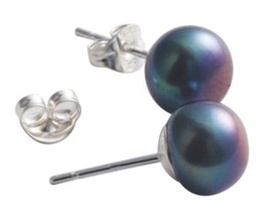 6mm DYED BLK BUTTON FW PEARL STUD EARRINGS WITH STG SILVER FITTINGS