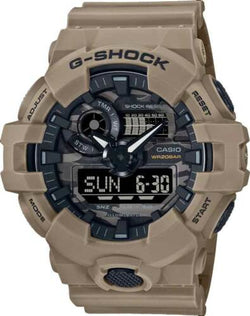 G-SHOCK DUO DIAL CAMO UTILITY W/TIME, ALARM, S/W 200M BLK LCD, BEIGE RES