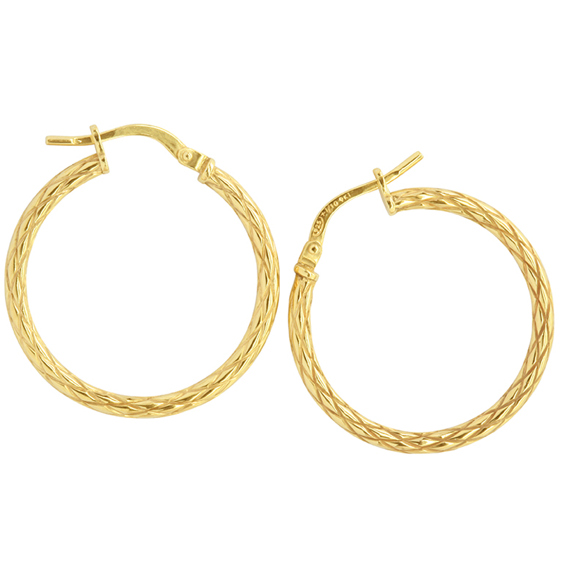 9K yellow gold Silver Filled Textured Hoop Earrings