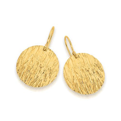 9K YELLOW GOLD & SILVER BONDED PATTERNED ROUND PLATE DROP EARRINGS