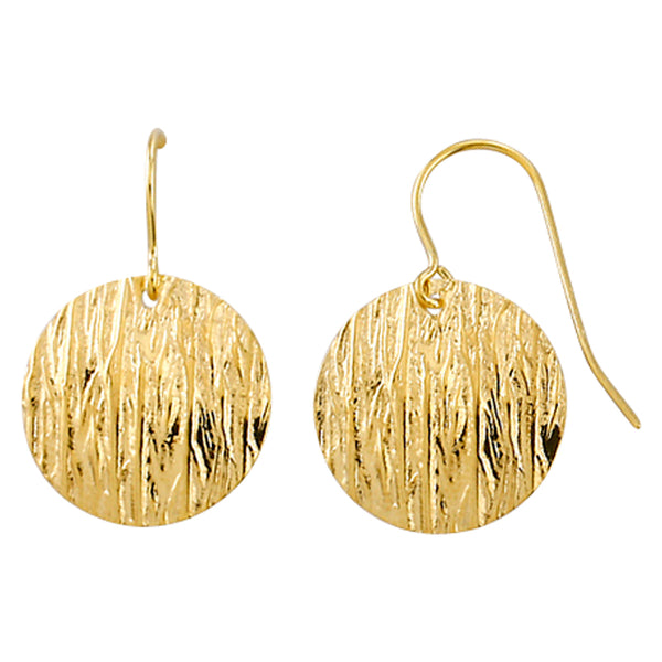 9k Yellow gold & Silver Bonded Bark Textured Disc Drop Earrings