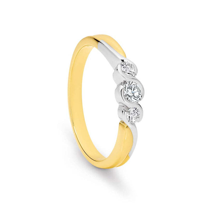 9k Yellow Gold TT 3 Dia Bezel Set Trilogy Diamond Ring TDW 0.33ct GH SI2-I1