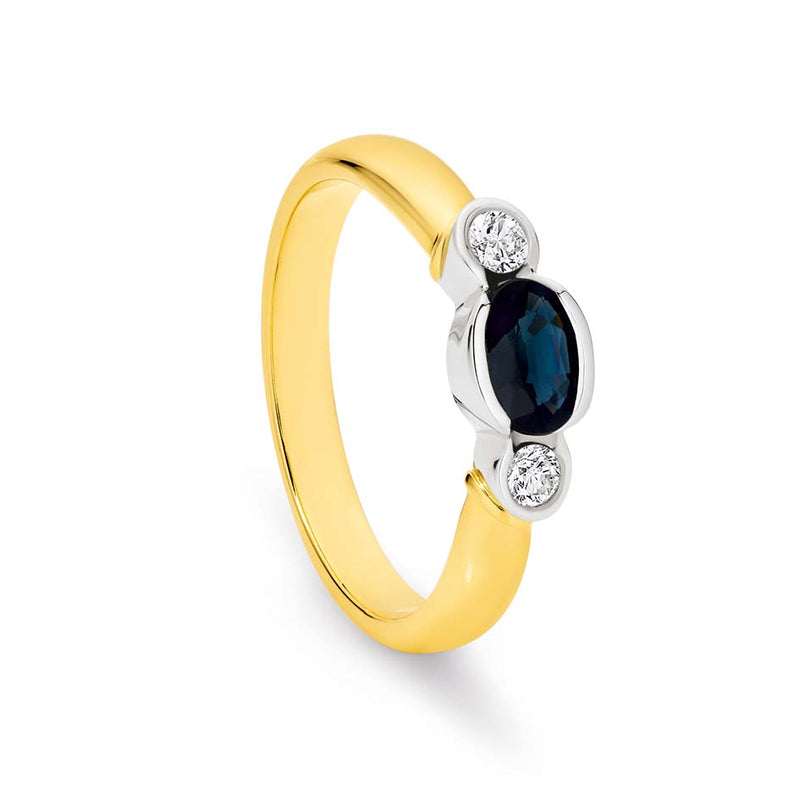 9K Yellow Gold Oval Sapphire & 2 Diamond Semi Bezel Set Dress Ring TDW 0.12ct GH SI2-I1