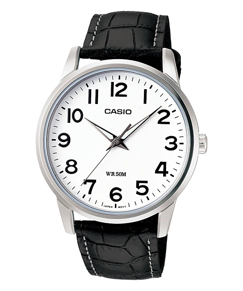 CASIO WATCH MENS ANALOG CLASSIC 50M WR, NUMBER DIAL, LEATHER STRAP BLK &  WHT