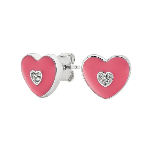 STG SILVER WHITE CZ AND PINK ENAMEL HEART STUDS