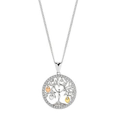 STG SILVER WHITE CZ TREE OF LIFE PENDANT WITH GOLD PLATED HEARTS + CHAIN 45CM