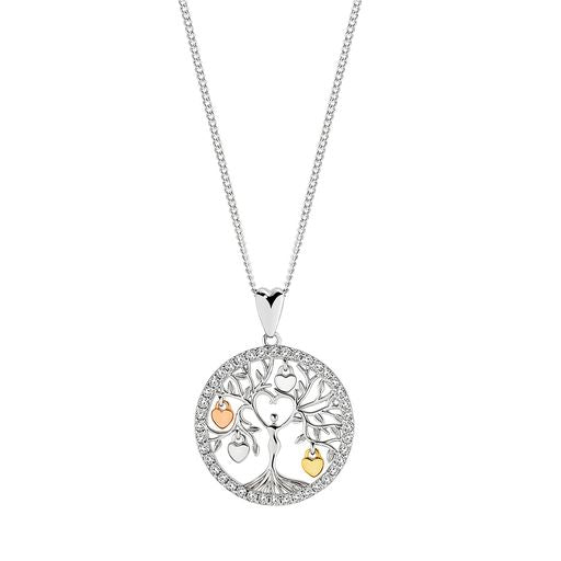 STG SILVER WHITE CZ TREE OF LIFE PENDANT WITH GOLD PLATED HEARTS + CHAIN 45CM