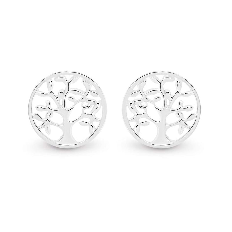 Stg Silver 9.8mm Circle Tree of Life Studs