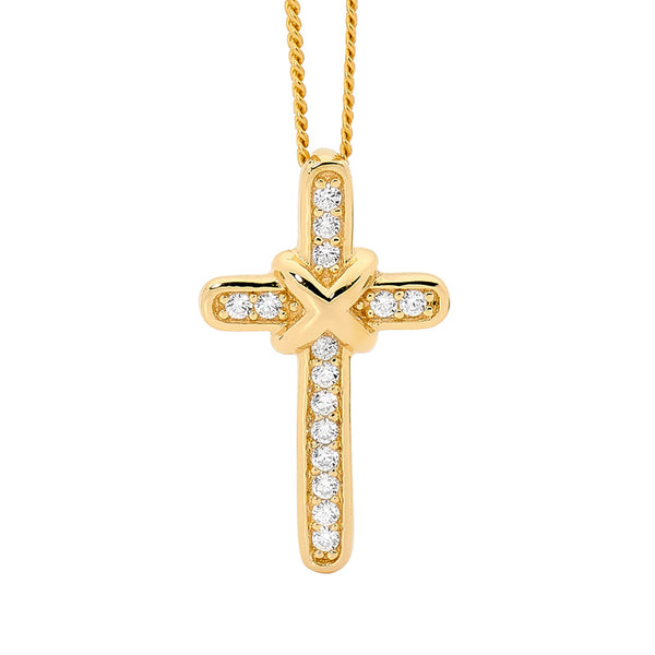 ELLANI STG SILVER WHITE CZ CROSS PENDANT WITH CROSS OVER FEATURE & GOLD PLATED