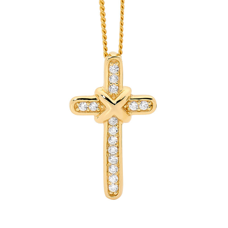 ELLANI STG SILVER WHITE CZ CROSS PENDANT WITH CROSS OVER FEATURE & GOLD PLATED