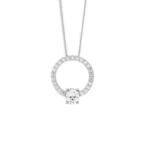 STG WHITE CZ 13MM OPEN CIRCLE PENDANT WITH OVAL CZ