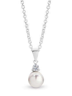 STG SILVER 7MM NATURAL FW PEARL AND CZ PENDANT ON 45CM CABLE CHAIN