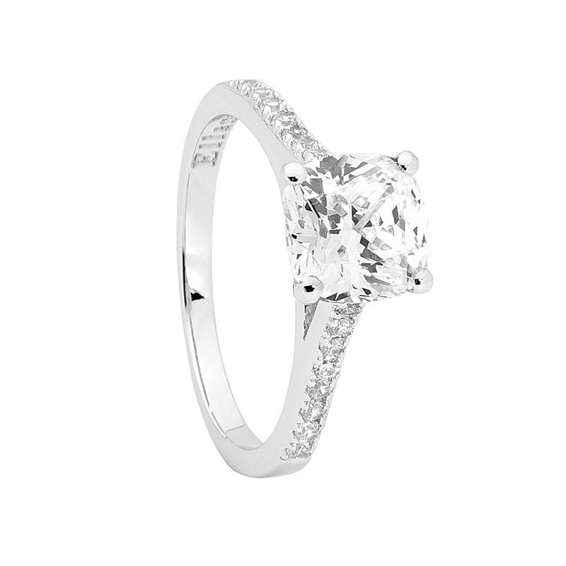 ELLANI STG SILVER WHITE CZ SOLITAIR RING WITH CZ SHOULDERS
