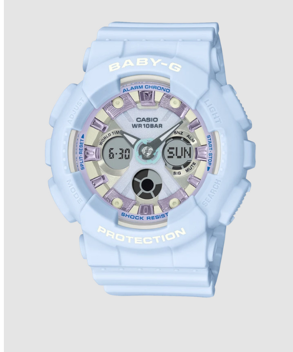 CASIO BABY G DUO ICY PATEL COLOUR SERIE W/ TIME, /100 S/W. ALARM, 100M WHITE FACE/ ROSE GOLD ACC PALE BLUE
