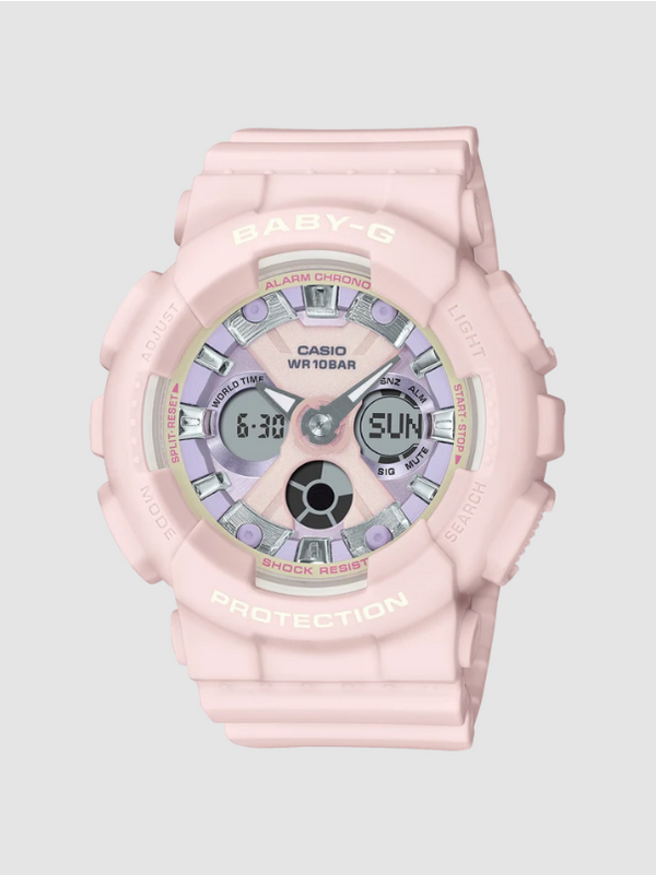 CASIO BABY G DUO ICY PATEL COLOUR SERIE W/ TIME, /100 S/W. ALARM, 100M WHITE FACE/RGOLD ACC PEACH RES
