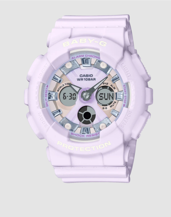 CASIO BABY G DUO ICY PATEL COLOUR SERIE W/ TIME, /100 S/W. ALARM, 100M WHITE FACE/RGOLD ACC PINK RES