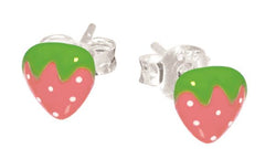 Stg Silver Enamel Strawberry Stud Children Earrings & Pendant set (with Stg Chain)